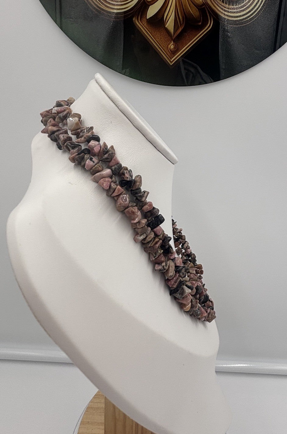 Natural Rhodonite Chip Bead Necklace Pink Black Gemstone Strand