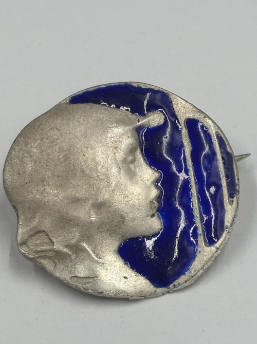 Antique Art Nouveau 800 Silver & Blue Enamel Portrait Brooch – Signed Maker