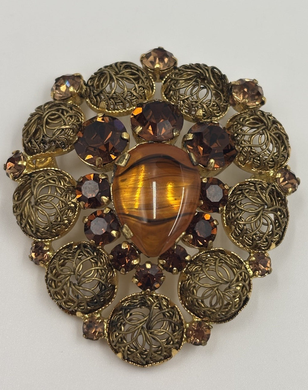 Vintage West German Style Brooch Amber Glass Rhinestone Filigree Gold Tone
