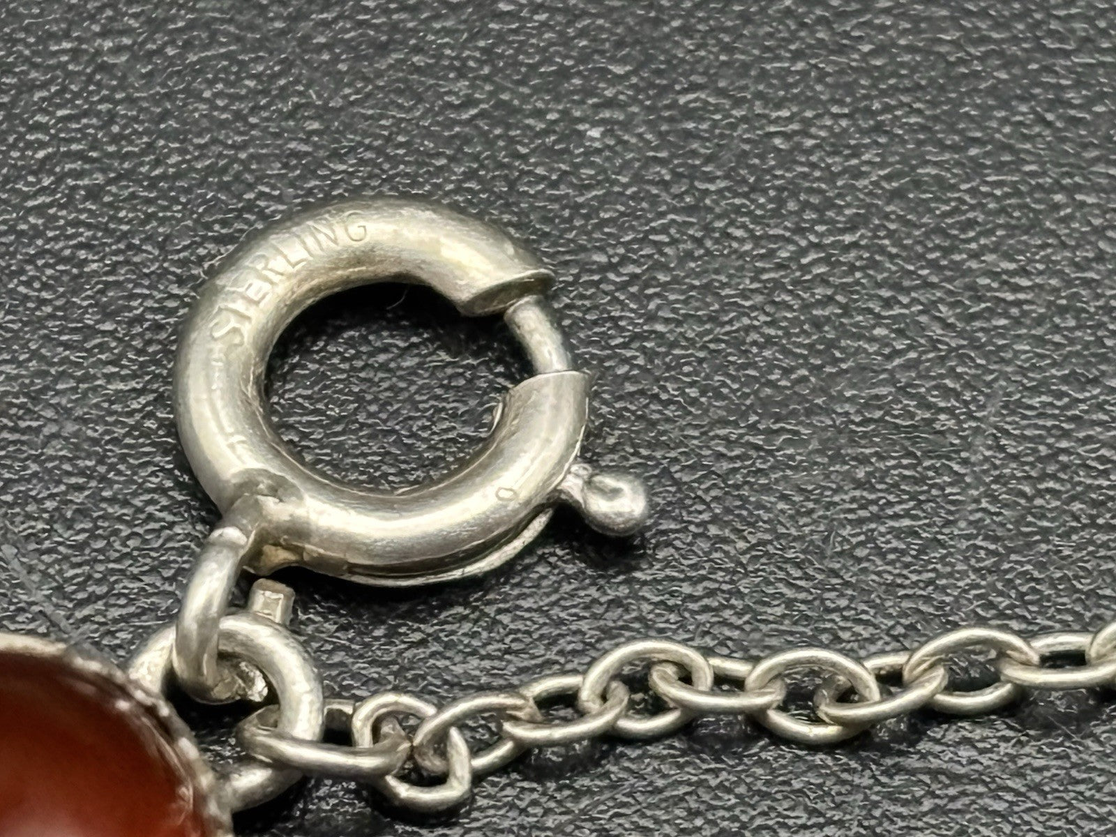 Vintage Sterling Silver Red Carnelian Cabochon Bracelet Link Safety Chain