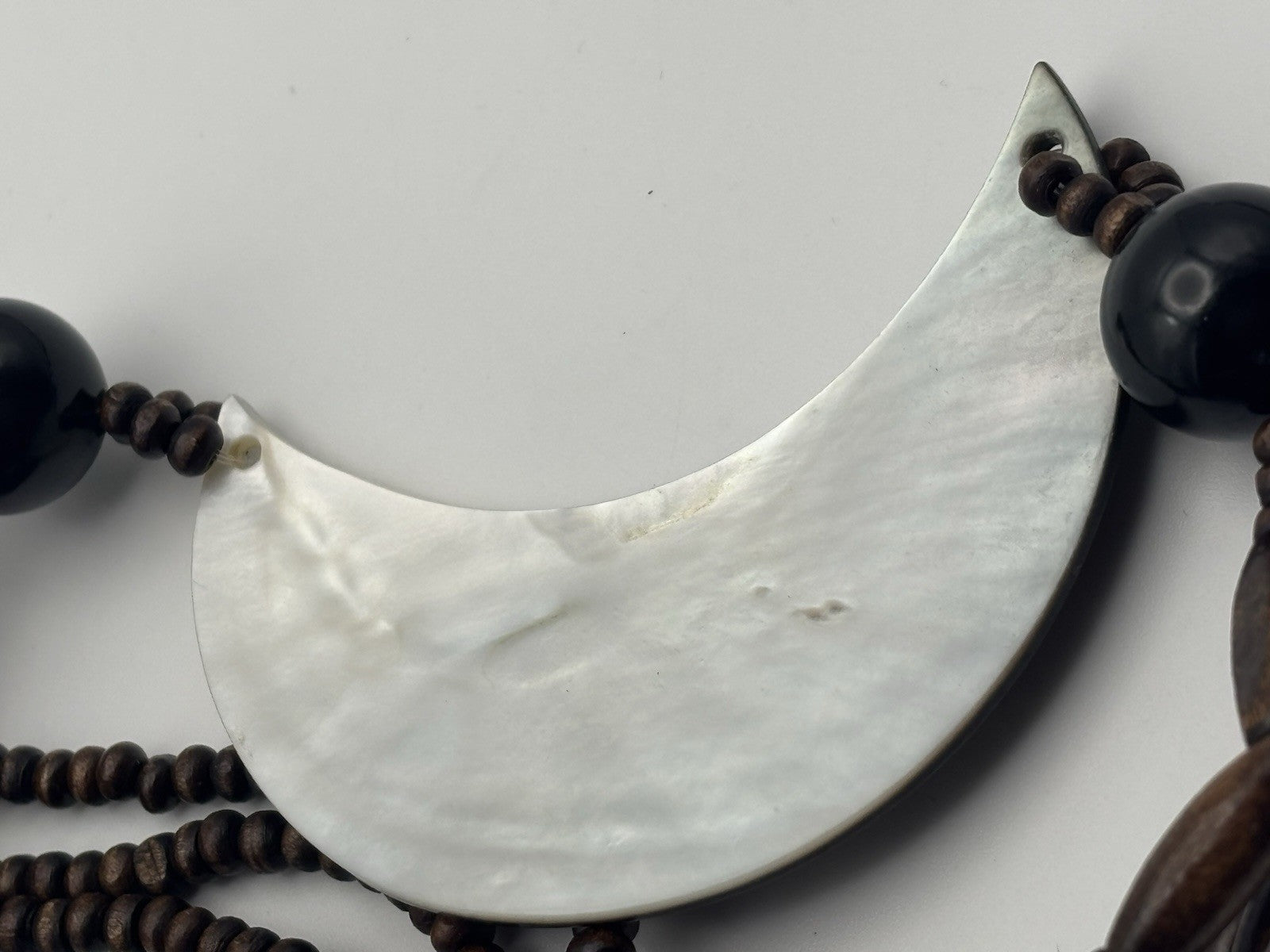 Vintage Tribal Necklace Mother of Pearl Crescent Pendant Wood Beads
