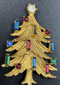 Vtg Gold Tone Christmas Tree Holiday Brooch  Pin Rhinestones Signed Mamselle