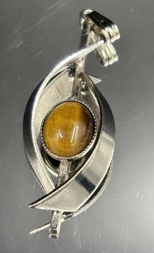 Golden tiger eye natural gemstone pendant silver tone setting collector