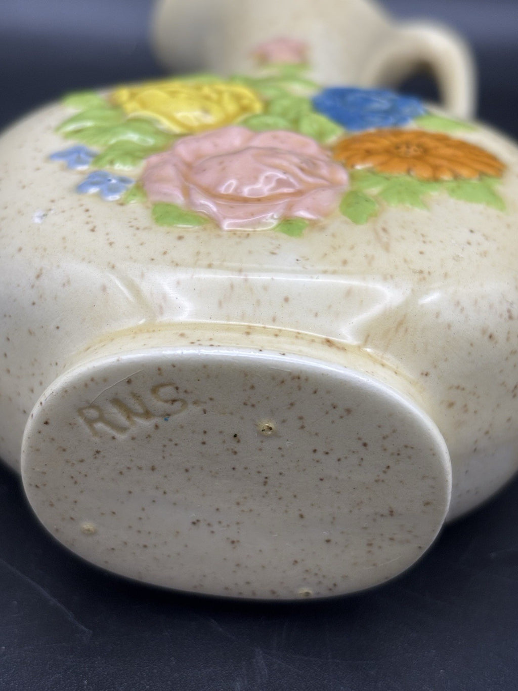 Vintage RNS Ceramic Floral Pitcher Vase Speckled Glaze Handled Jug