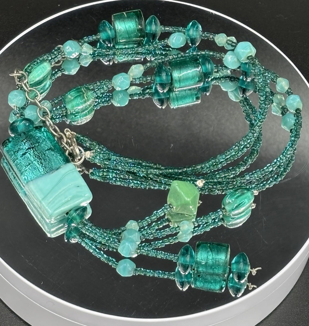 Handmade Dichroic Art Glass Necklace Murano Style Pendant Beaded
