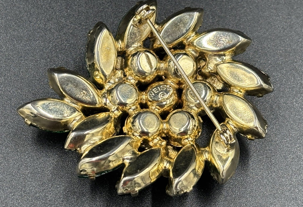Vintage Weiss Green Rhinestone Brooch Signed Floral Cluster 1950s Jewelry