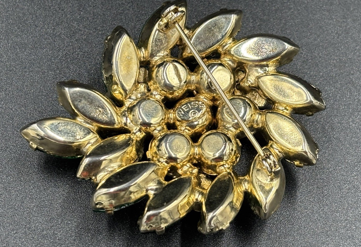 Vintage Weiss Green Rhinestone Brooch Signed Floral Cluster 1950s Jewelry