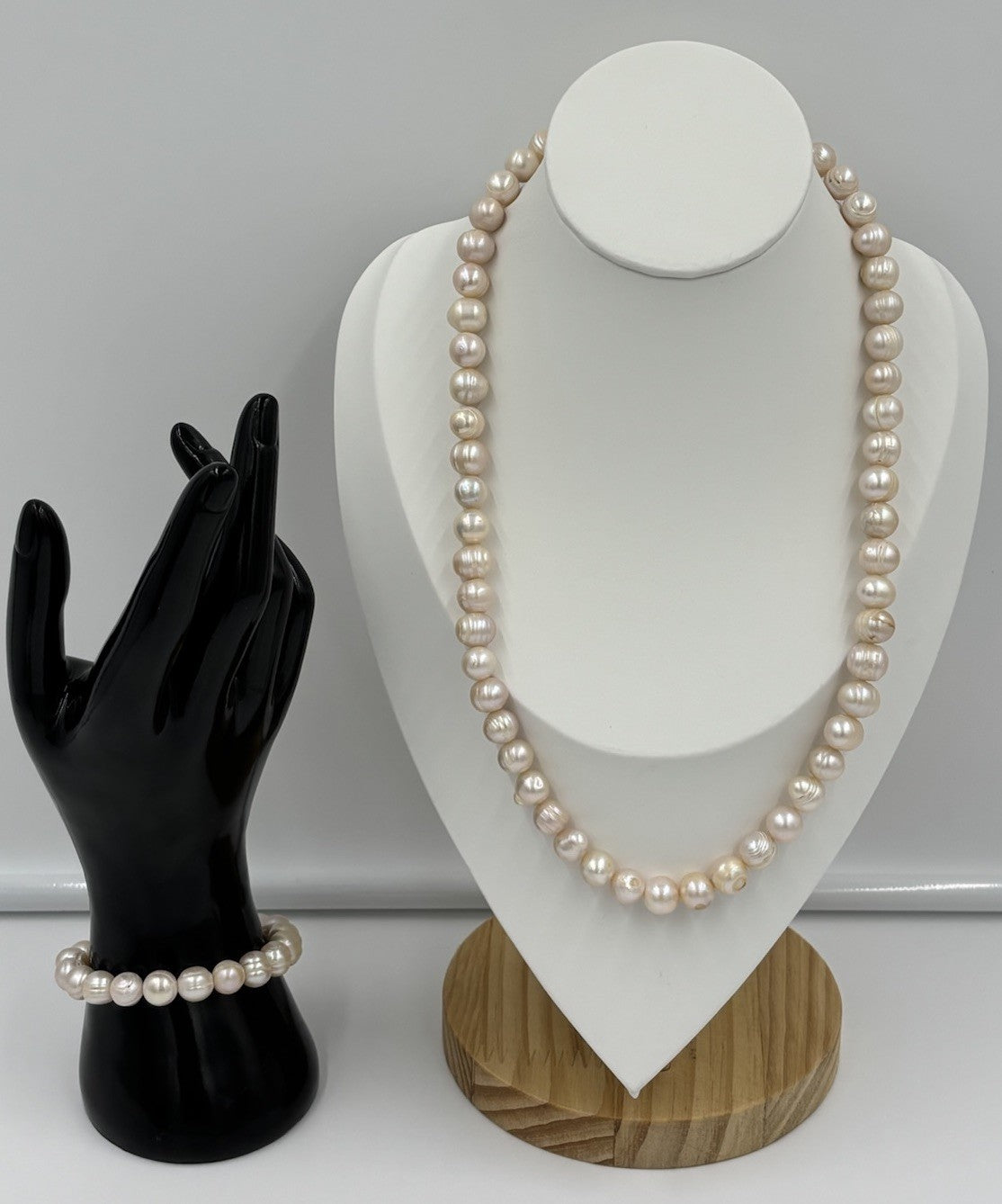 Freshwater Pearl Necklace Bracelet Set 10mm Pink Cream High Lustre
