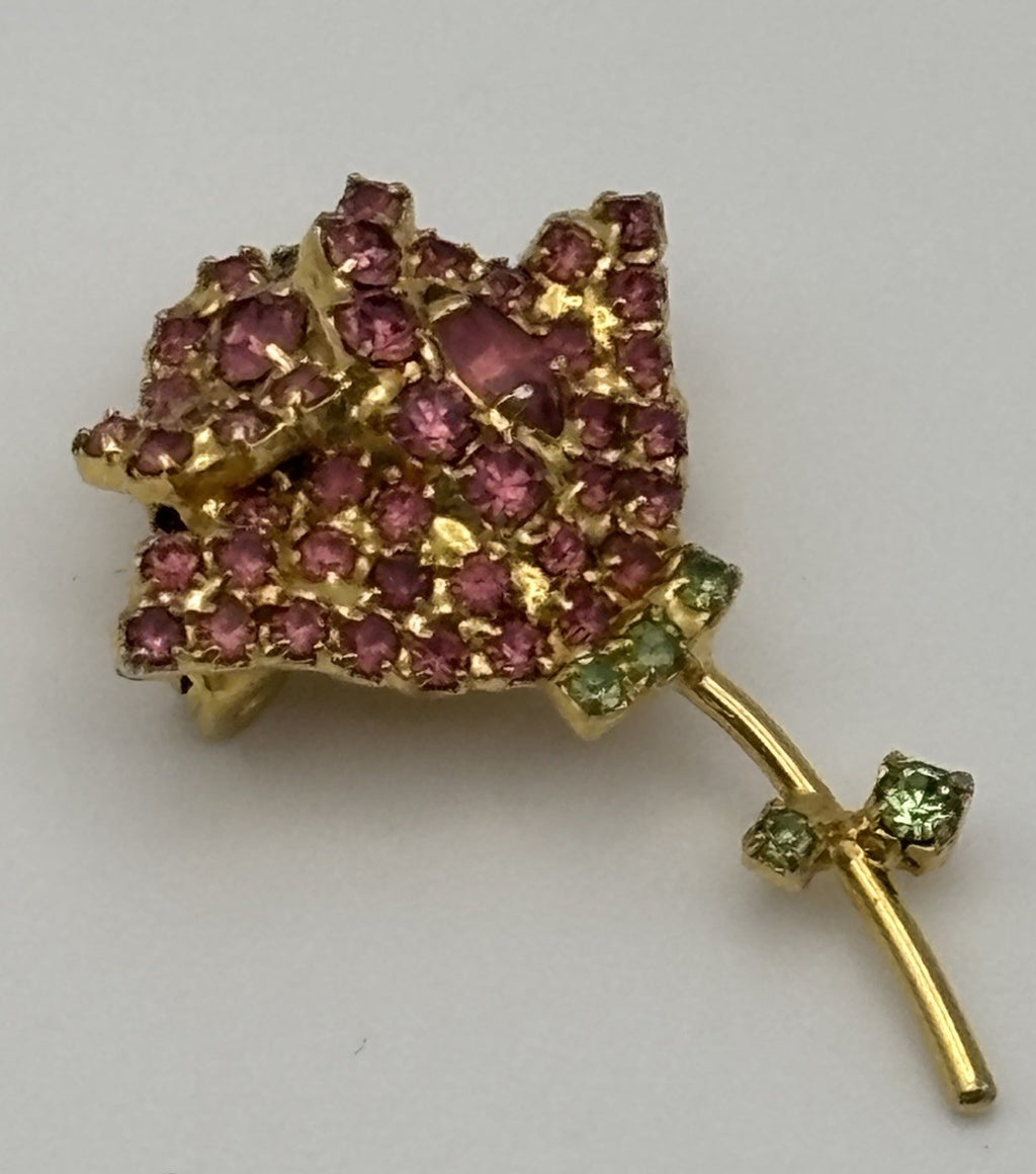 Vintage Bauer Brooch Pink Rhinestone Rose Flower Gold Tone Green Leaves