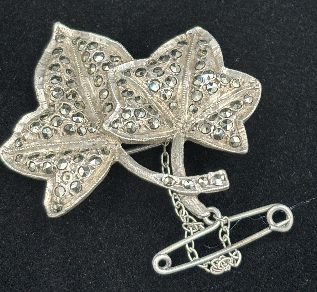 Vintage Marcasite Leaf Brooch Solid 925 Sterling Silver!.