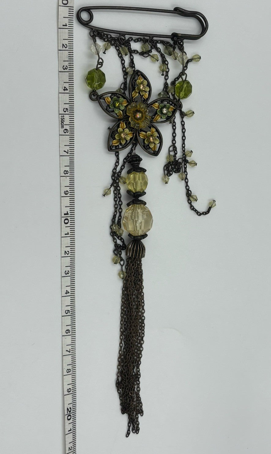 Vintage Style Art Nouveau Floral Dangle Brooch Enamel Glass Beads Statement Pin