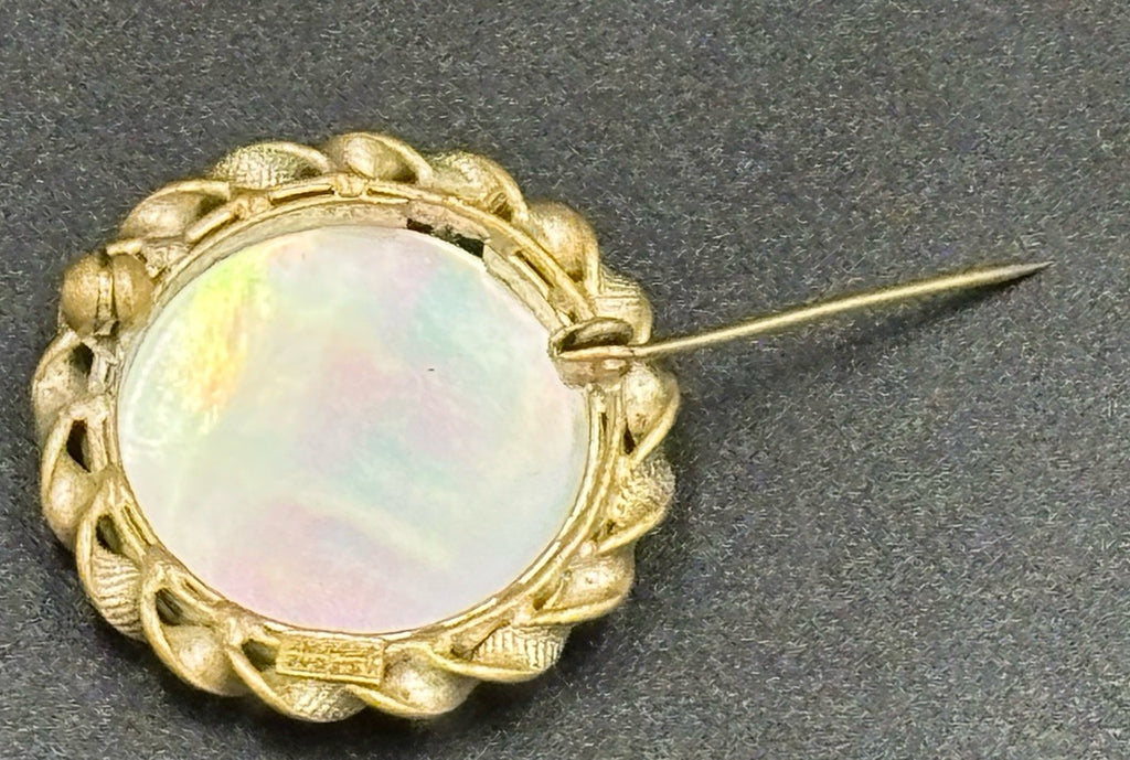 Rare Vintage U.S. Zone Germany Mother of Pearl Brooch 1940s Brass Rope Frame