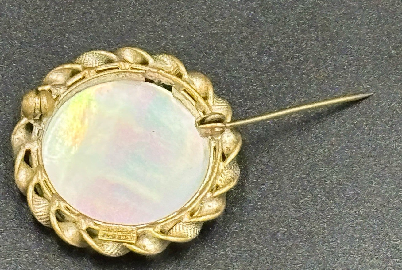 Rare Vintage U.S. Zone Germany Mother of Pearl Brooch 1940s Brass Rope Frame