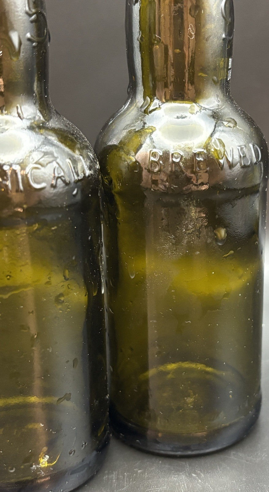Rustic Olive Green Embossed Brewery Beer Bottles Pair Bar Decor Display ￼