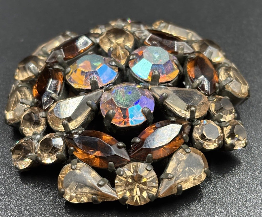 Vintage 1950s AB Rhinestone Brooch Smoky Topaz Brown Glass Pin