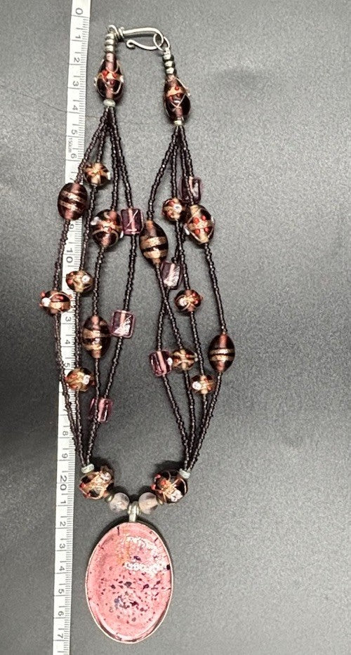 Handmade Lampwork Glass Necklace Multi Strand Pink Art Glass Pendant Beaded