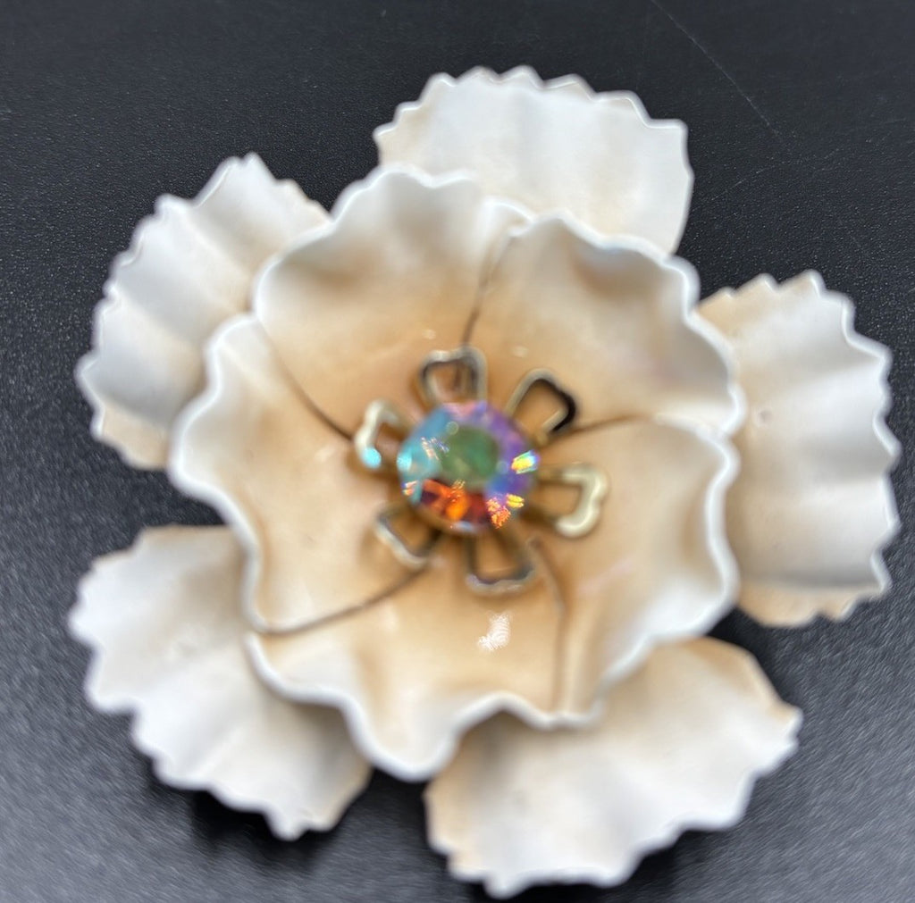 Vintage Blush Peach White Enamel Layered Metal Flower Brooch AB Rhinestone