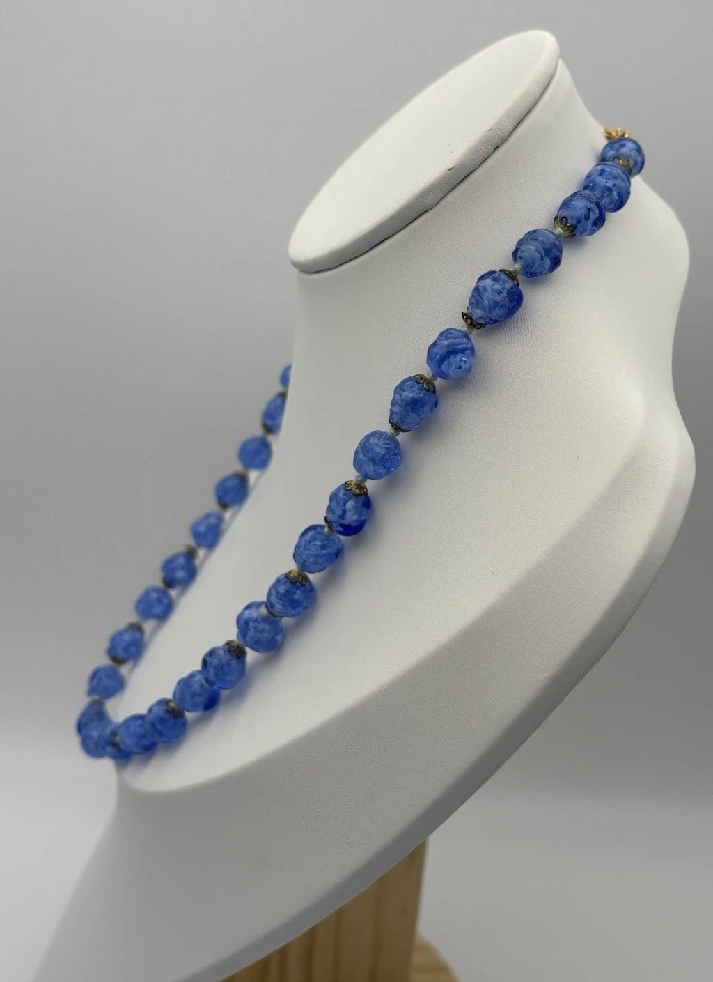 Vintage Blue Marbled Glass Bead Necklace 1950s Czech Jewelry