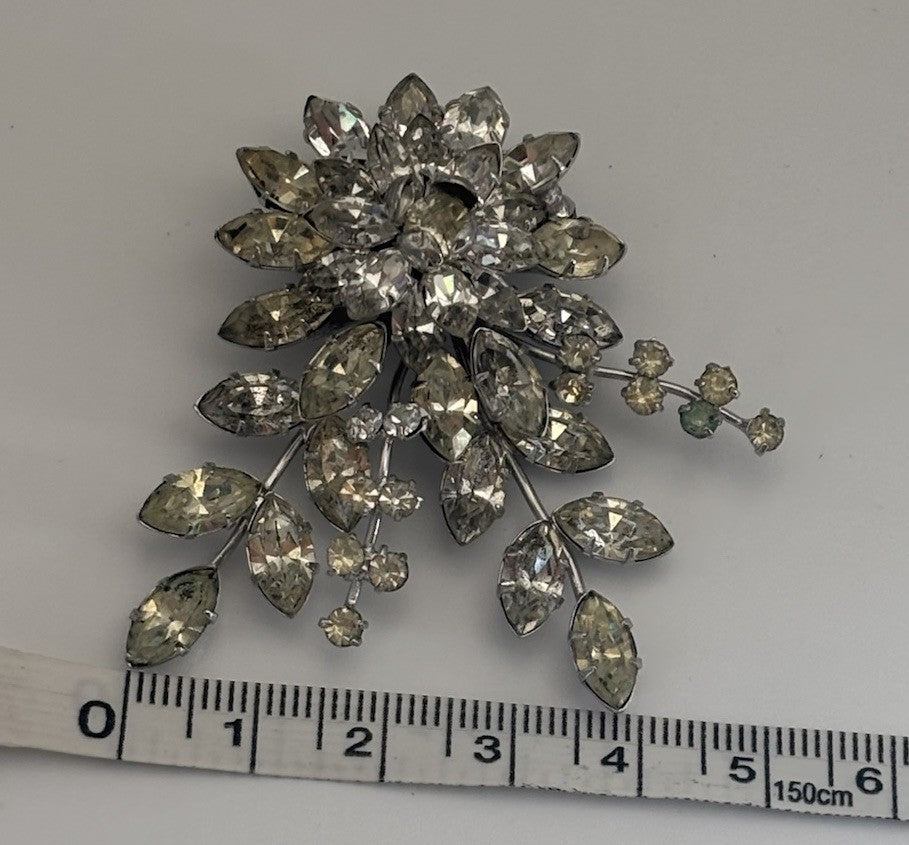 Vtg JewelCrest Brooch Donald Simpson Signed Clear Rhinestones Silver Tone