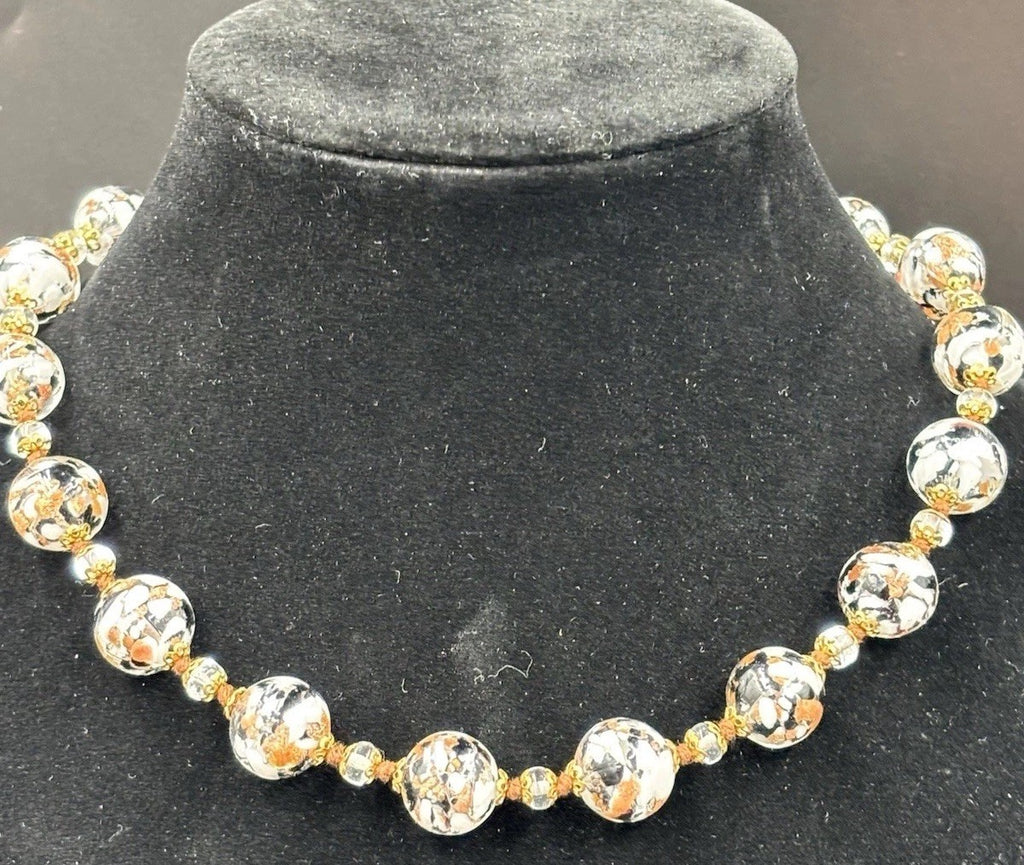 Vintage Murano Glass Venetian White Black Rose Gold Leaf Marble Accents Necklace