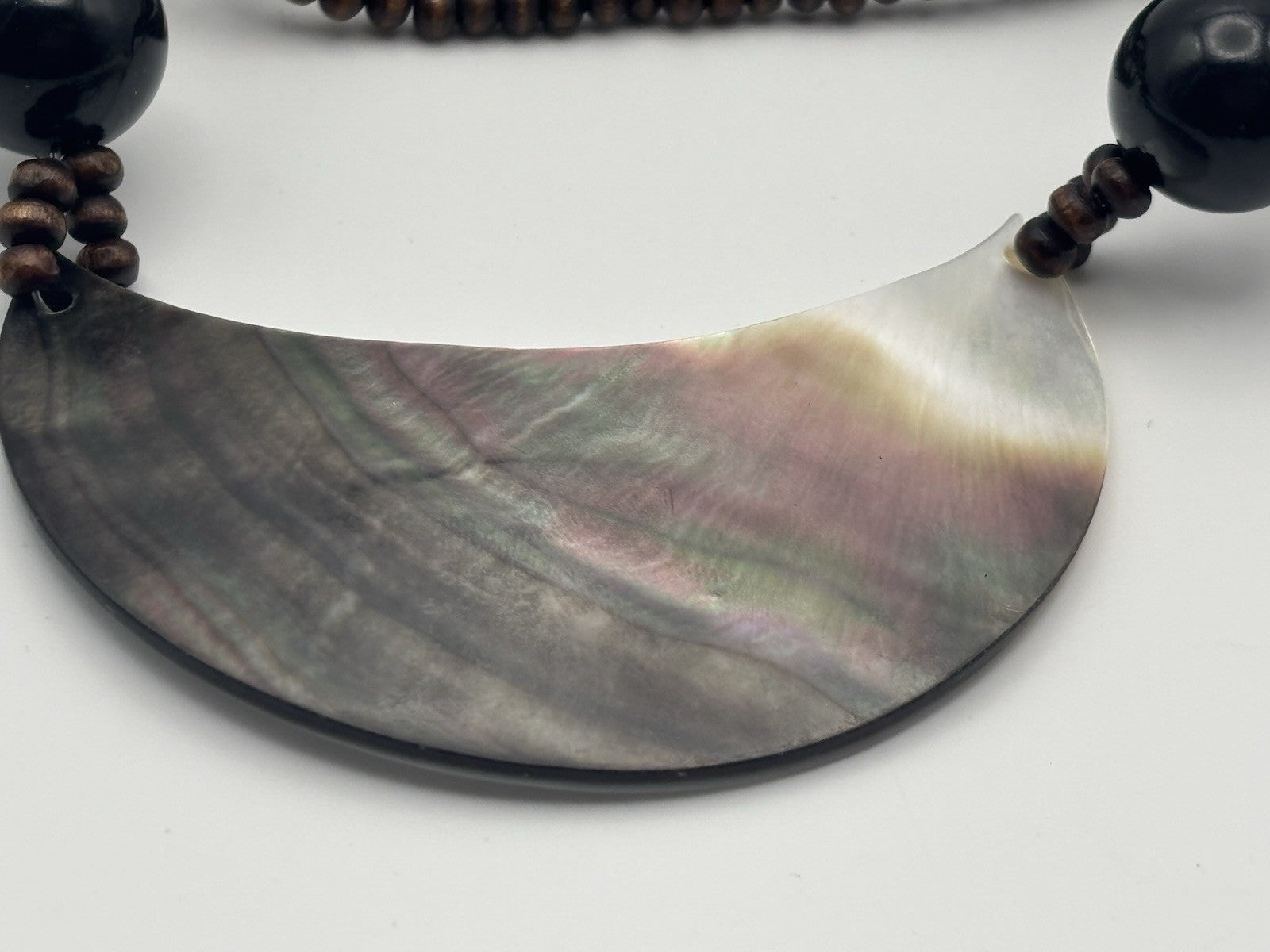 Vintage Tribal Necklace Mother of Pearl Crescent Pendant Wood Beads