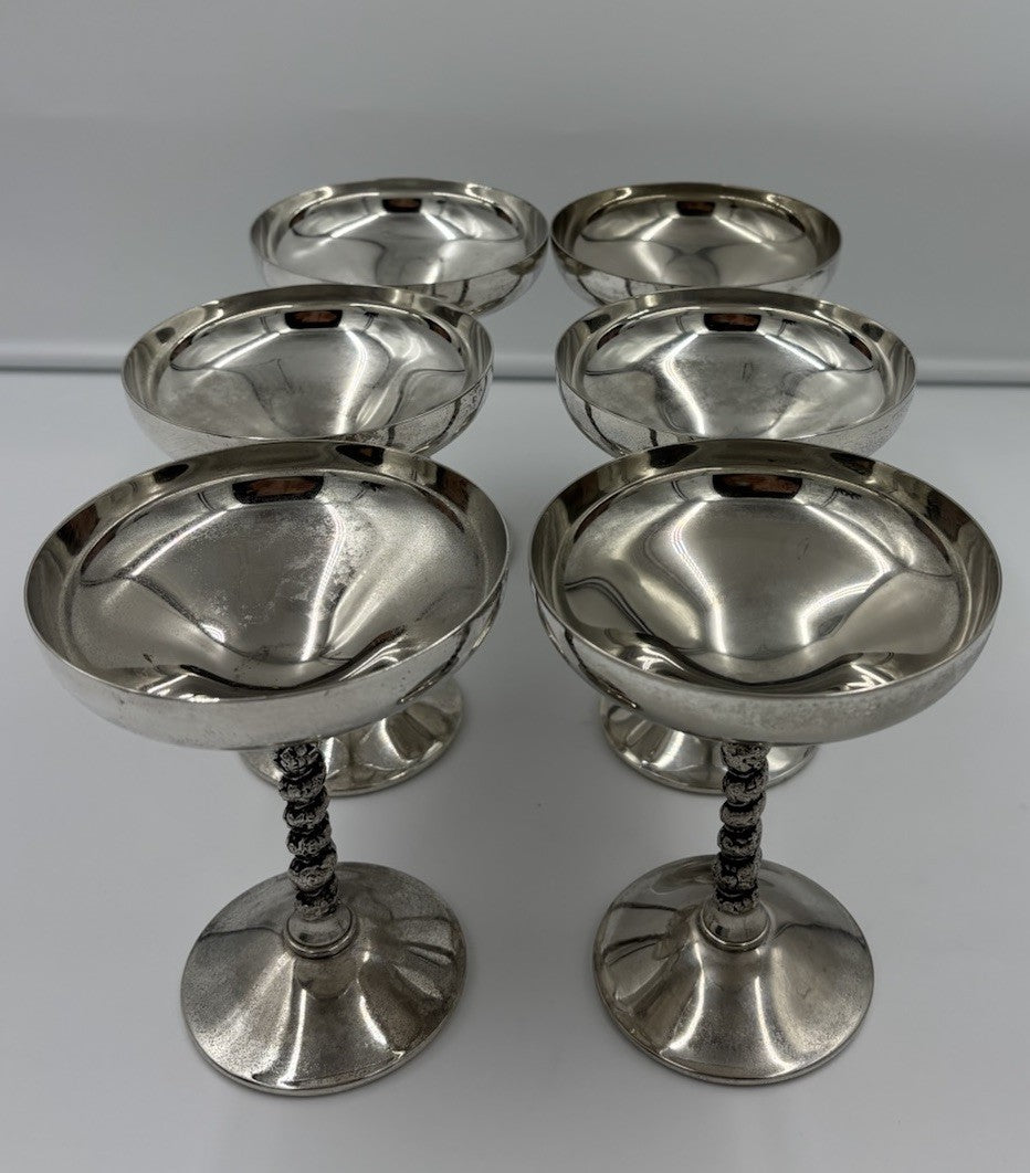 Vintage Valero Spain Silver Plated Coupe Glass Set 6 Twisted Stem Dessert