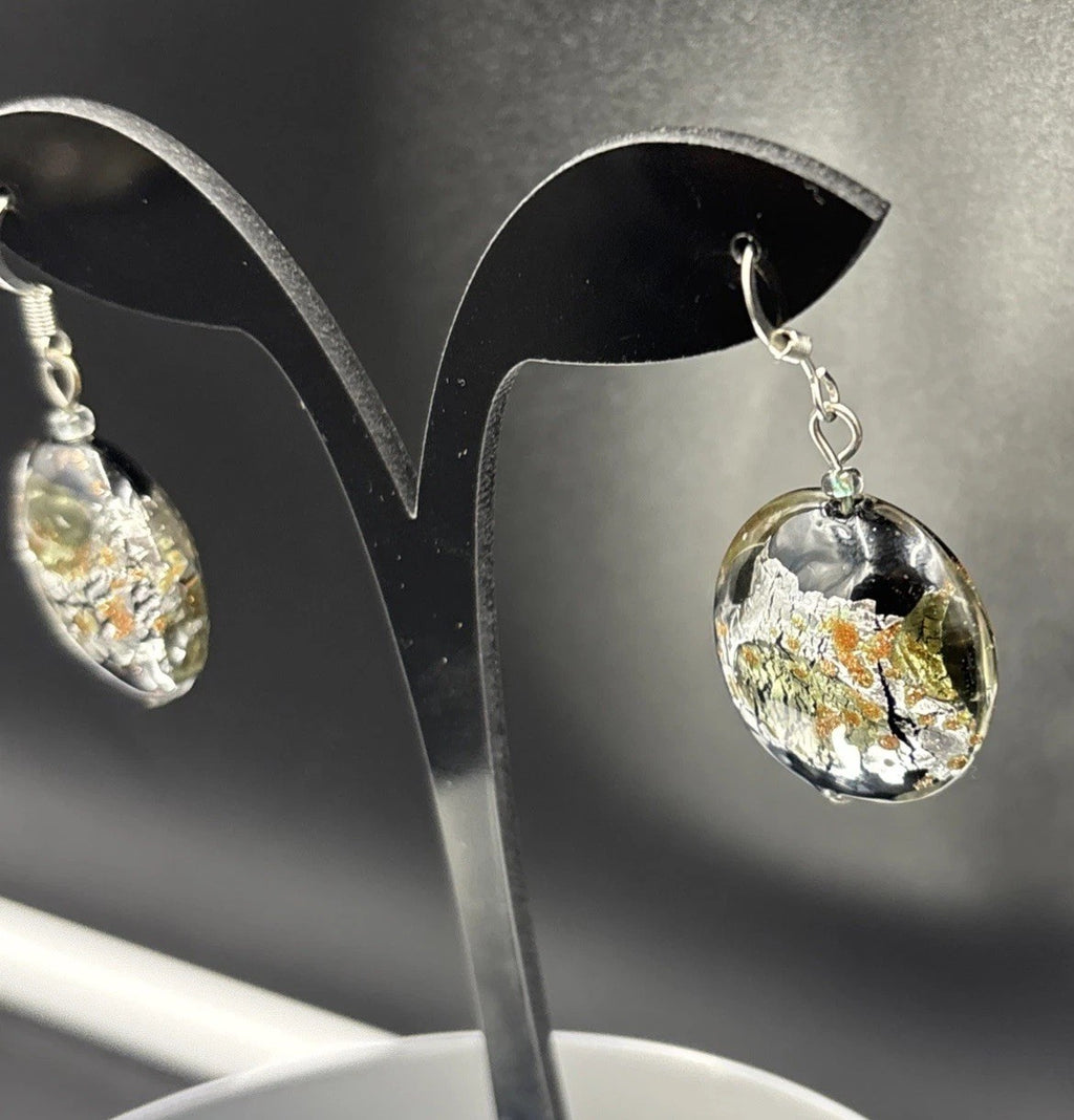 Vintage Murano Style Glass Earrings – Foil Art Glass Dangle Disc Beads”