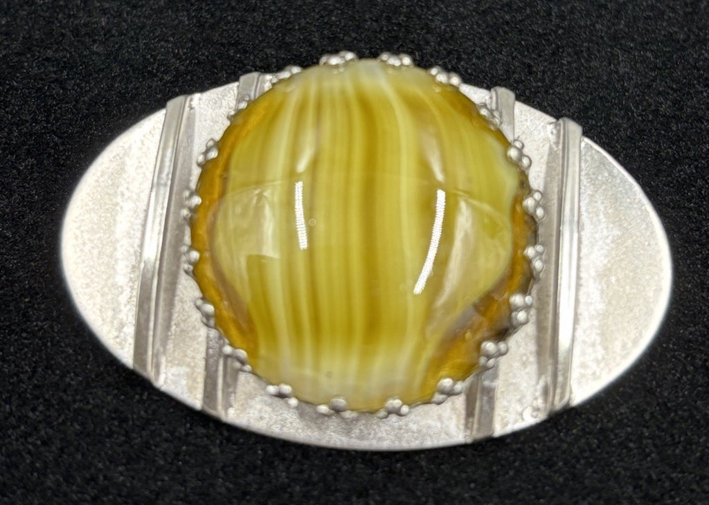 Vintage Modernist Brooch – Faux Agate Glass Cabochon, Silver Tone Oval Pin