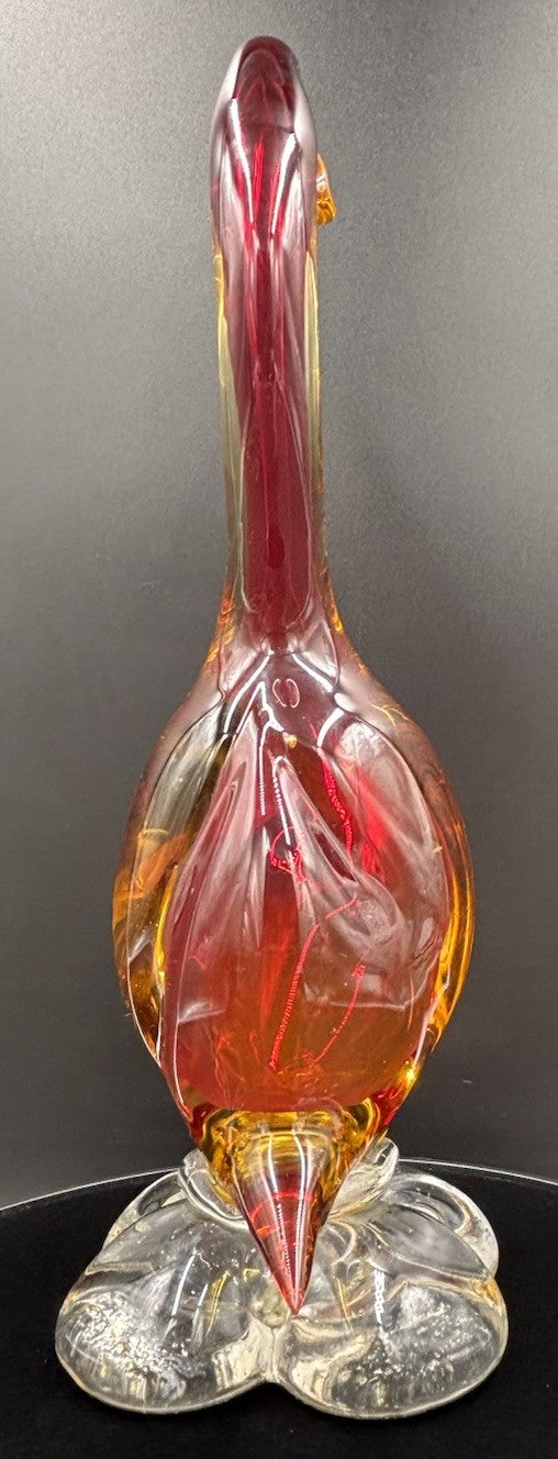 Vintage Murano Art Glass Duck Figurine Statue Red Amber & Clear 26cm In Height.