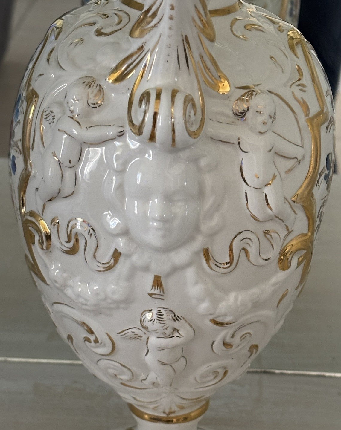 Vintage Capodimonte Italian Porcelain Cherub Ewer Vase Hand Painted Gold Gilt