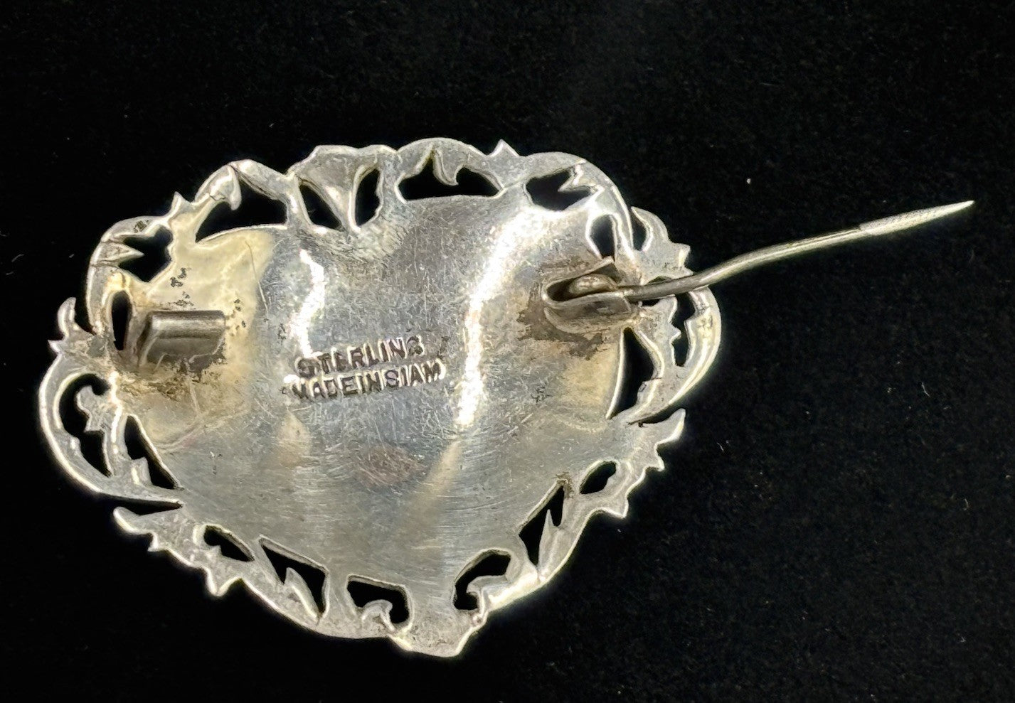 Antique Siam Sterling Silver Heart Brooch Mythological Figures 1920s
