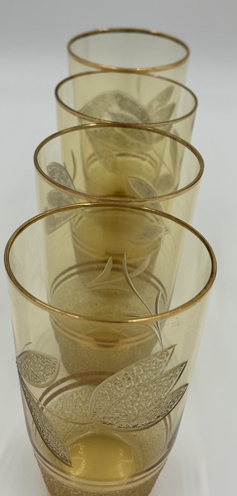 Vintage Amber Glass Pitcher & 4 Tumblers Gold Leaf Etched MCM Barware Set
