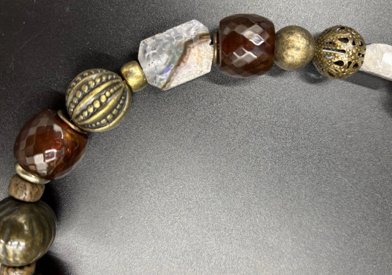 Vintage Natural Agate Beaded Necklace Artisan Statement Earthy Brass Tone