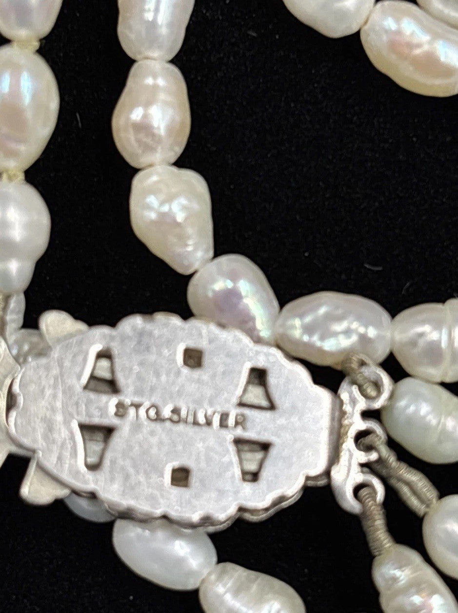 Vintage Baroque Pearl Necklace Bracelet Set 3 Strand Sterling Clasp