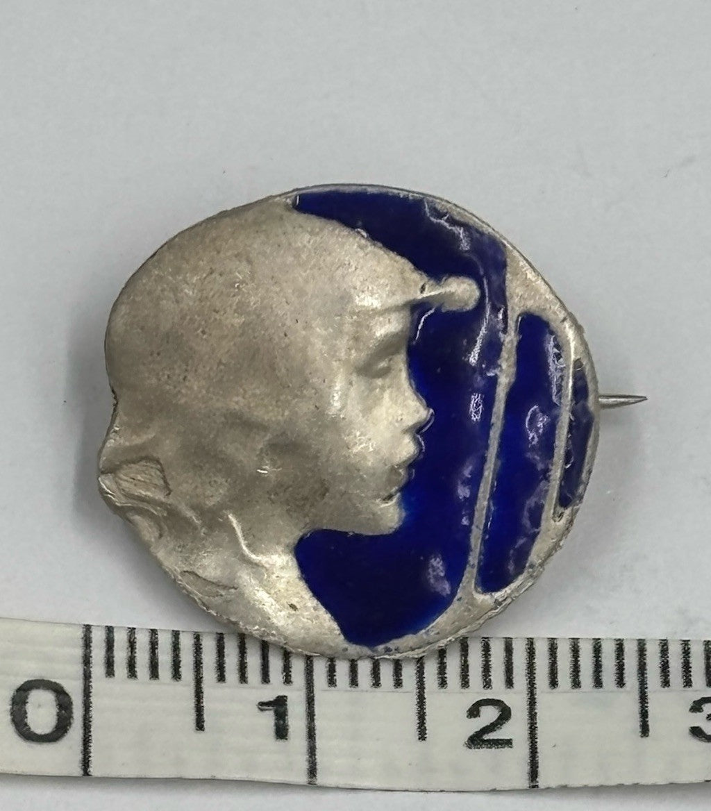 Antique Art Nouveau 800 Silver & Blue Enamel Portrait Brooch – Signed Maker