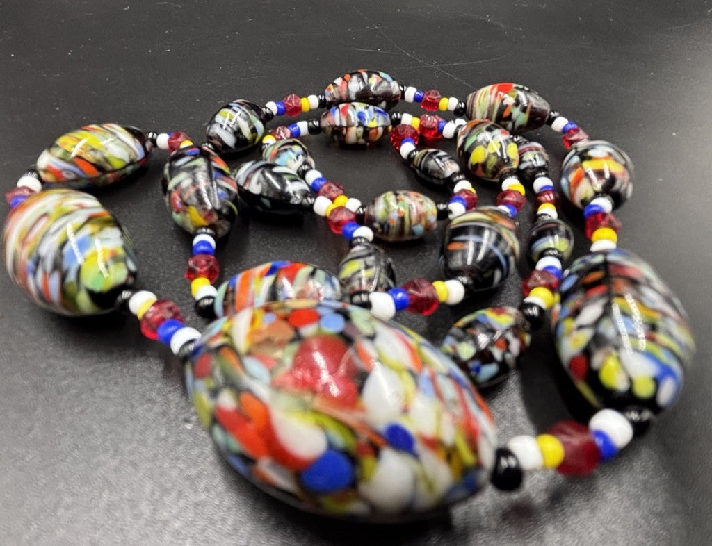 Vintage Murano Millefiori Glass Bead Necklace Black Base, Multicolour Confetti