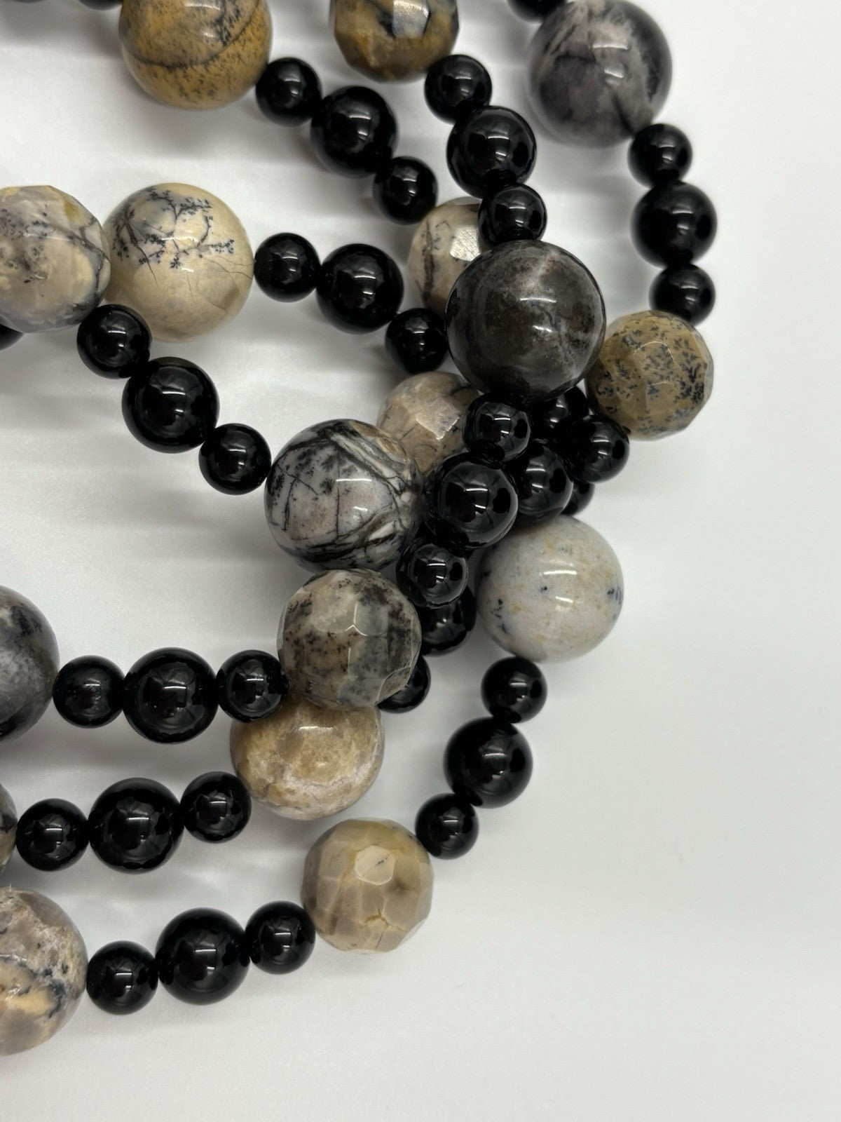 Vintage Picasso Jasper Gemstone Necklace Long Natural Stone With Black Beads