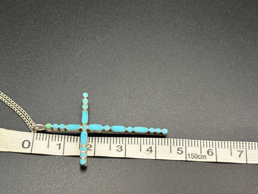 Vintage Sterling Silver Turquoise Inlay Cross Necklace 925 Chain
