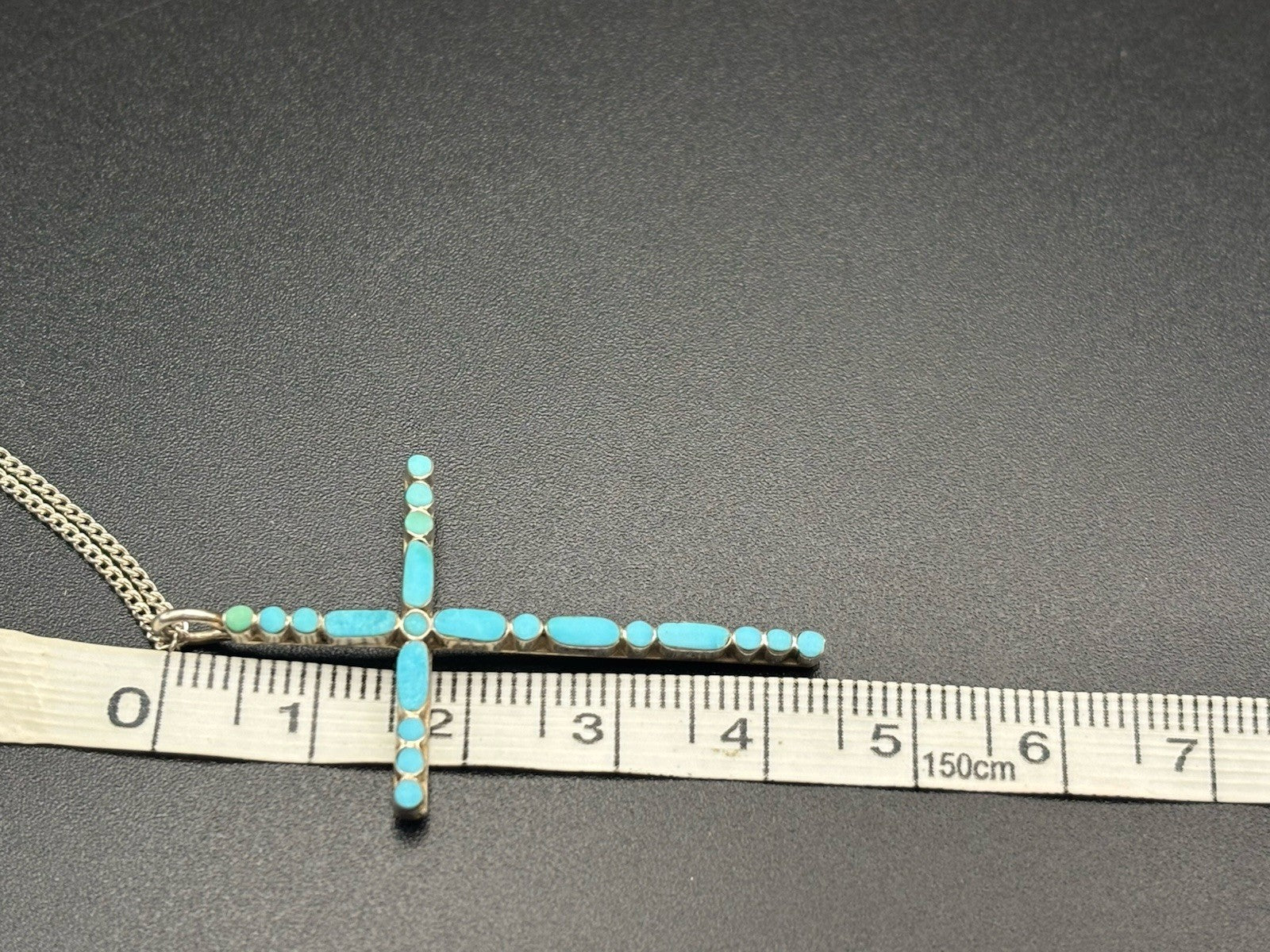 Vintage Sterling Silver Turquoise Inlay Cross Necklace 925 Chain