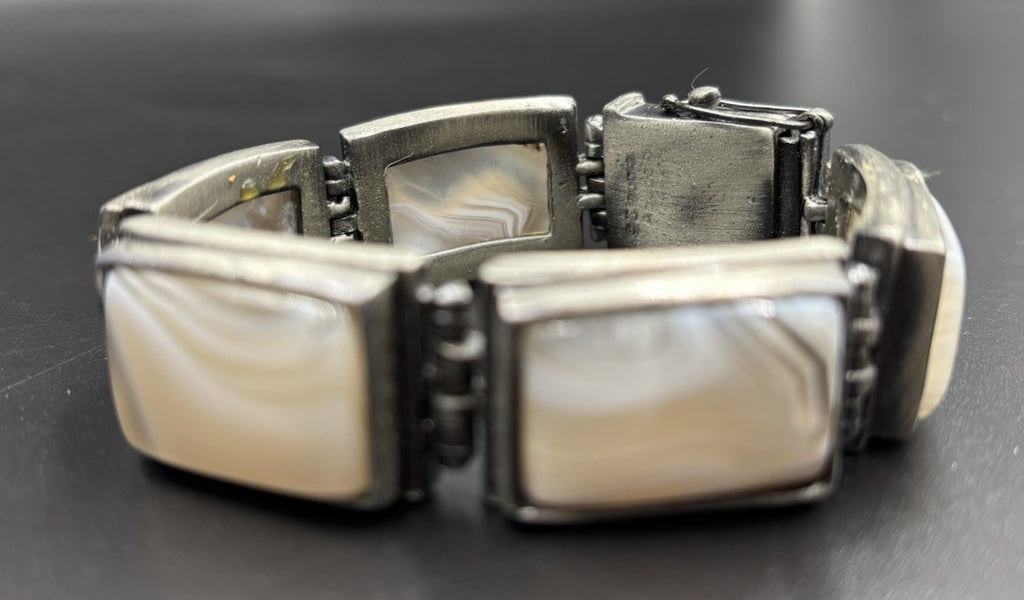 Vintage Agate Panel Bracelet – Mid Century Modernist Silver Tone Jewelry