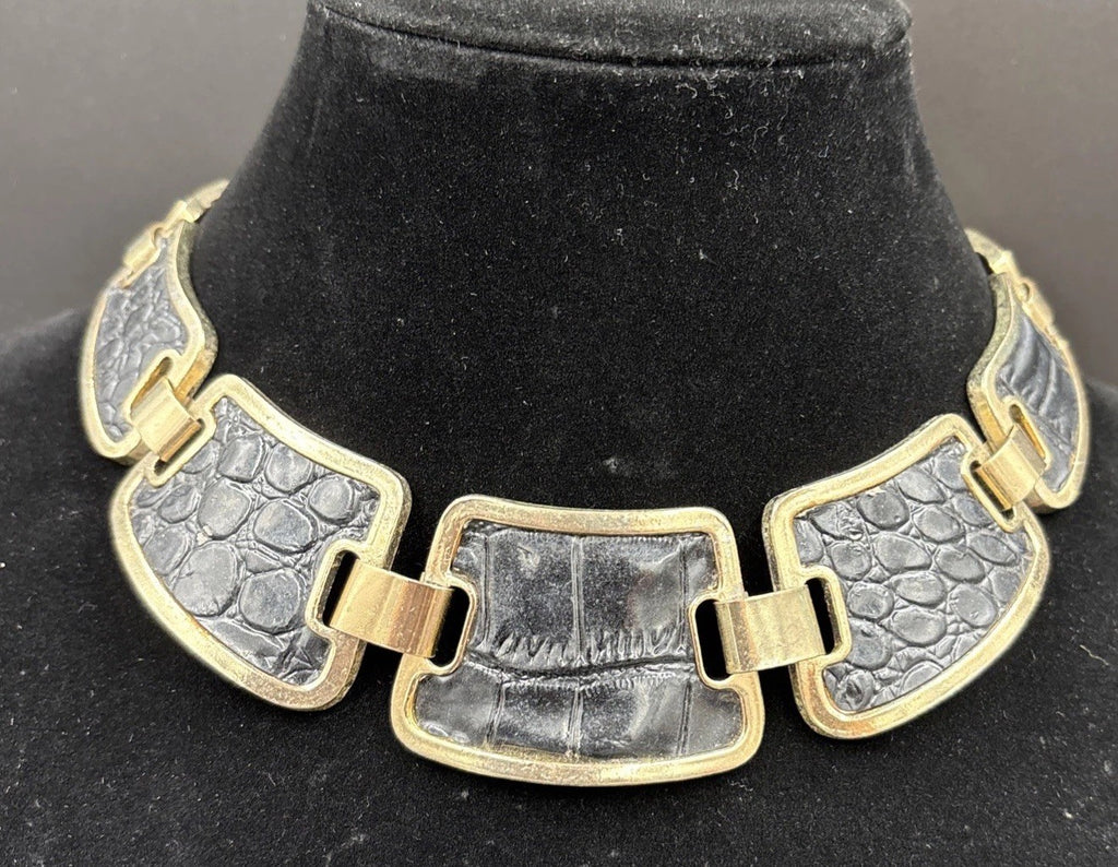 Vtg Aldo Statement Necklace Collar Faux Crocodile Print. Gold Tone