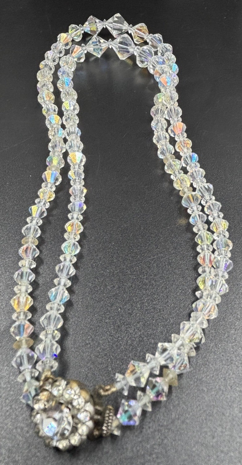 Vtg Double Strand Sparkling Aurora Borealis AB Glass Crystal Necklace & Earrings