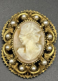 Vintage Florenza Cameo Brooch Faux Pearl Gold Tone Pendant