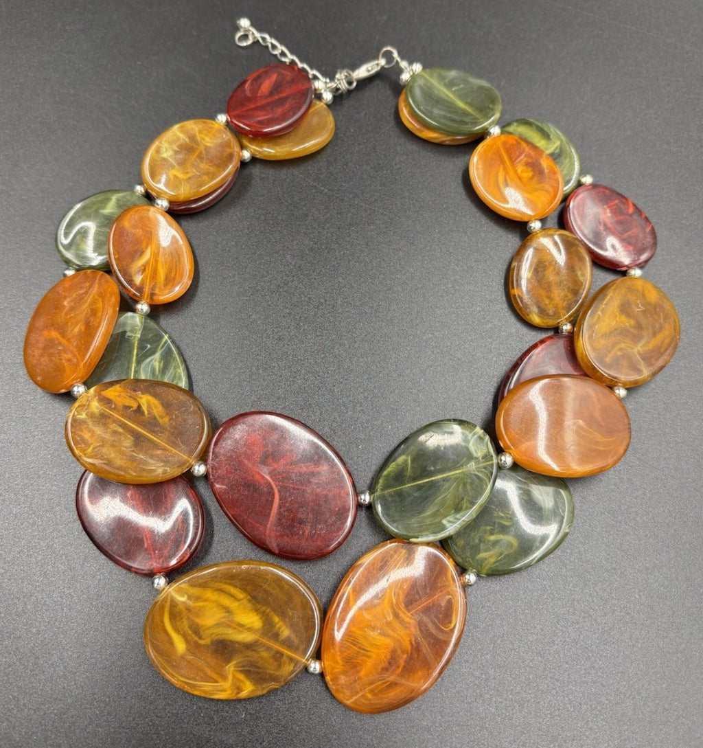 Vintage Chunky Marbled Resin Bead Necklace Green Amber Red Swirl Statement