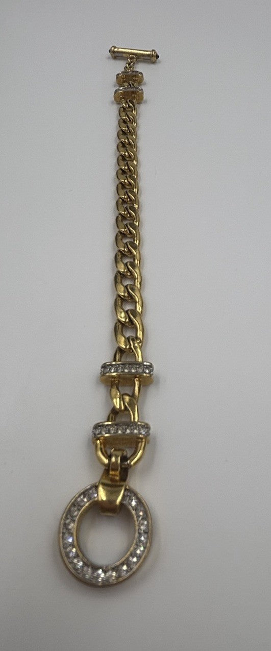 Vintage Gold Tone Statement Chain Bracelet Crystal Pavé Toggle 19cm