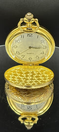 Gold Tone Quartz Analog Men's Pocket Watch In Working Order.