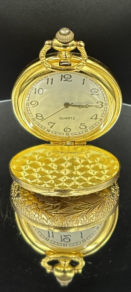 Gold tone quartz analog pocket watch, working order