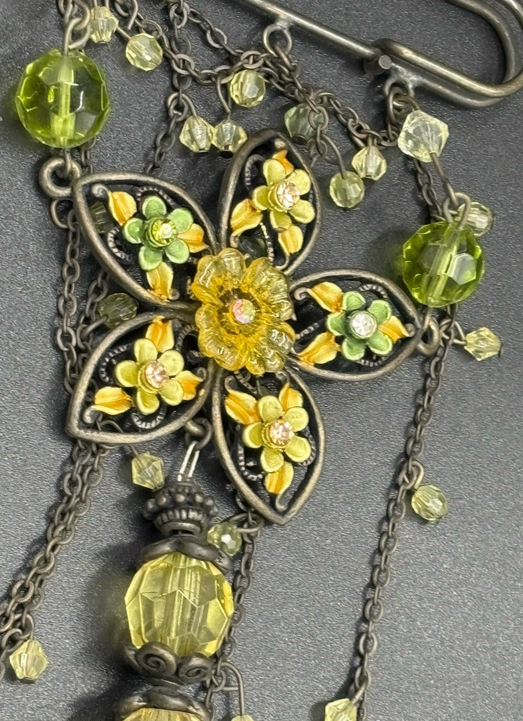 Vintage Style Art Nouveau Floral Dangle Brooch Enamel Glass Beads Statement Pin