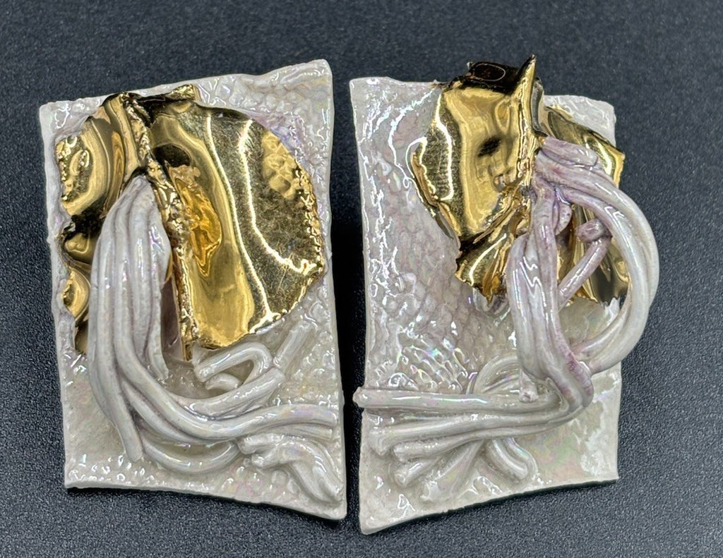 Vintage 1988 Lacombe Signed Ceramic Earrings Gold Luster Postmodern Statement