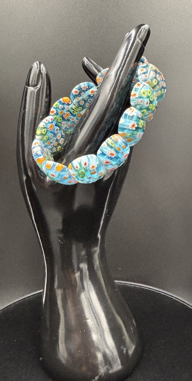 Vtg Murano Venetian MilleFiore  -12Tiles Art Glass Links Bracelet Blue